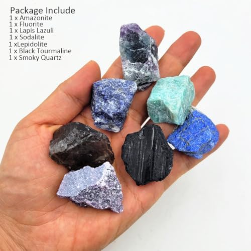 7Pcs Energy Crystals for Home Protection Raw Crystals Set of Smoky Quartz,Fluorite,Black Tourmaline,Lepidolite,Lapis Lazuli,Sodalite,Amazonite(Crystals for Home Protection)