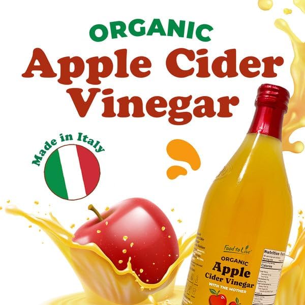 Food To Live Organic Apple Cider Vinegar, 1 L – Raw Italian Natural Vinegar with the Mother, Unfiltered, Unpasteurized, Non-GMO, Vegan, Glass Bottle (Pack of 2)