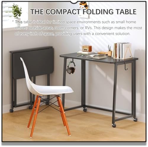 4NM 31.5" Mobile Small Folding Desk, Foldable Rolling Computer Home Office Desk, Study Writing Table for Small Space Saving Bedroom, with Wheels - All Black