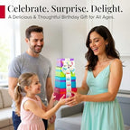 Broadway Basketeers Birthday Gift Basket Tower - Birthday Snack Box with Sweet and Savory Treats for Men, Women, & Kids
