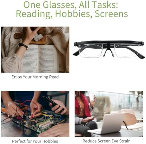 Flex Focal Adjustable Glasses Dial Vision Reading Glasses Zoom Eyeglasses for Men Women One Power Auto Focus 0D to 400D Presbyopic Readers Variable Focus Eyewear Read Distance Near Far Sight