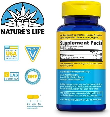 Nature's Life Zinc Picolinate 30mg Plus 2mg of Copper - Chelated Zinc Supplement for Immune, Cardiovascular, Skin, Cellular Function, and Muscle Support - 60-Day Guarantee - 100 Servings, 100 Capsules