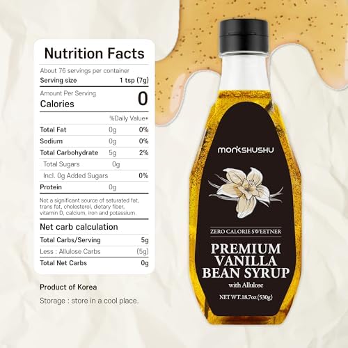 MONKSHUSHU Premium Vanilla Bean Allulose Syrup 18.7 Fl Oz - Liquid Sweetener for coffee and other drinks - Keto Diet, Vegan, Diabetes-Safe - Zero Calorie Sugar Substitute - Gluten Free, 0g Net Carbs
