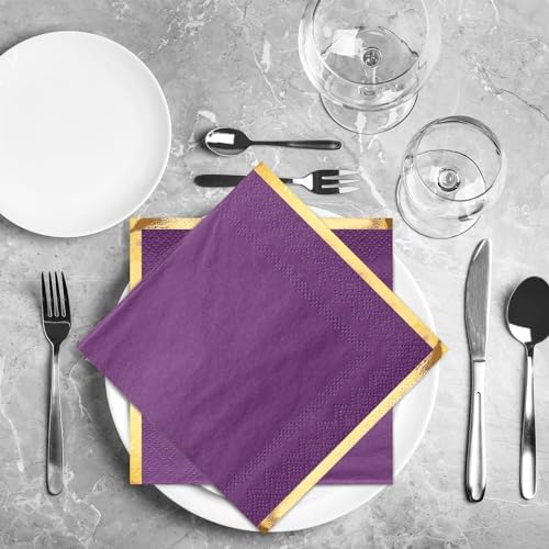 Fulmoon 100 Pack 2 Ply Cocktail Napkins Paper Gold Foil Trim Edge Beverage Dessert Disposable Paper Napkins Dinner Baby Shower Wedding Birthday Party Tableware Decorations, 5 x 5 Inches(Purple)