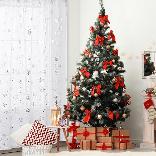 Christmas Sheer Curtains for Living Room, Luxury Snowflake Silver Foil Print Sheer Curtains, Rod Pocket Window Drapes Decorations for Bedroom and Home Decor, 2 Panels White 52W x 84L