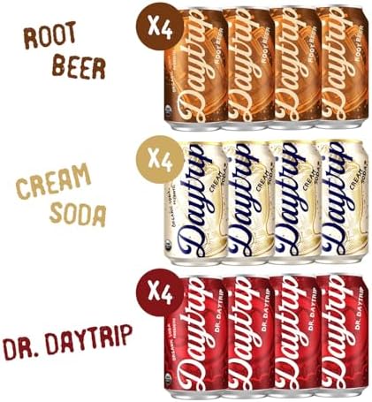 Daytrip Organic Prebiotic Soda – Low Sugar Sparkling Drink for Gut Health & Digestion, Plant-Based Fiber Beverage, Variety Pack, 12 Cans – with Caffeine
