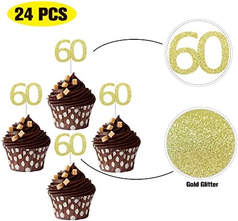 Sumerk 24PCS 60 Cupcake toppers Gold Glitter 60th Birthday Cupcake Picks Anniversary Party Decorations