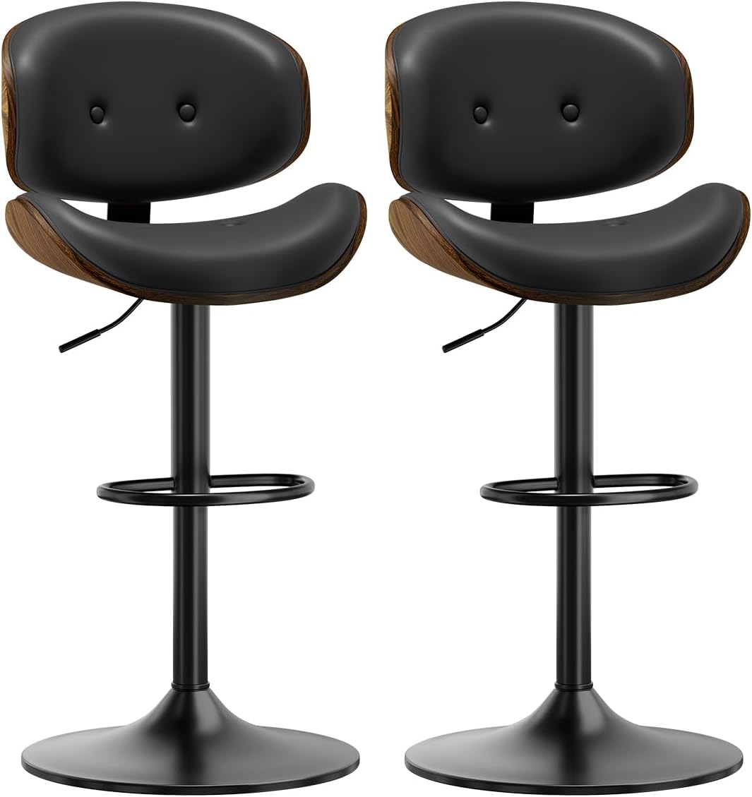 Adjustable Swivel Bar Stools Chair,Counter Height Bar Stools with Back,350 LBS PU Leather Bar Stool for Kitchen Island,Upholstered Pub Stools with Footrest (Black, Set of 2)
