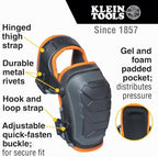 Klein Tools 60491 Hinged Knee Pads, Heavy Duty Gel Foam Protective Knee Pads with Quick-Fasten Buckle and Thigh Strap, Black