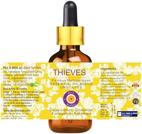 Deve Herbes Thieves Multipurpose Undiluted Essential Oil Blend 50ml (1.69 oz) with Pre-Diluted Ready-to-Use Roll-on 10ml (0.33 oz)
