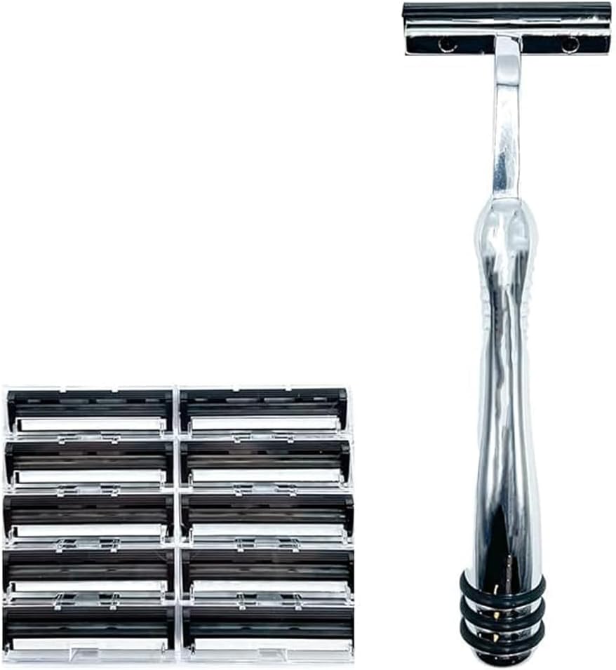 Taconic Shave, Heavyweight All Metal Non-Pivoting Twin Blade Cartridge Razor Compatible with GIllette Trac II, Personna, and Taconic Refills - 10 Cartridges Included