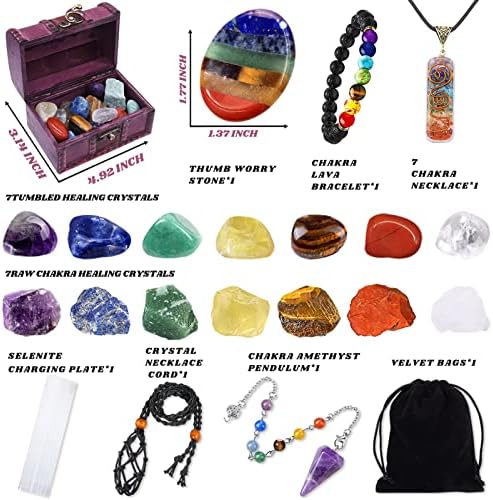 22Pcs Healing Crystals Set, Chakra Quartz Kits in Wooden Box (7 Raw and 7 Tumbled Chakra Stones, Lava Bracelet, Chakra Necklace and Amethyst Pendulum, Thumb Worry Stone, Selenite Charging Plate, etc.)