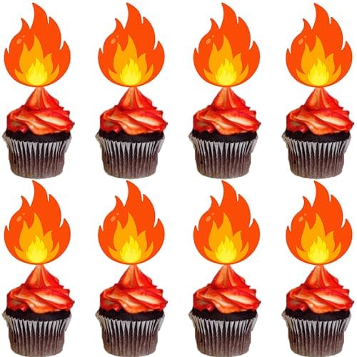 24Pcs Fire Flame Theme Cupcake Toppers Flame Birthday Party Decorations Fire Theme Cake Cupcake Decorations for Firefighter Birthday Party Fire Truck Baby Shower Supplies