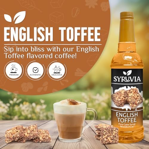 Syruvia Coffee Syrup, English Toffee Flavored Syrup for Drinks, Lattes, and Desserts – 25.4 fl oz