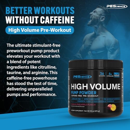 PEScience High Volume Stim-Free Pre-Workout Pump Powder, Caffeine-Free with L-Citrulline & L-Arginine Nitrate, Non-Stim Preworkout for Men and Women - 36 Scoops, Guava Pineapple Punch