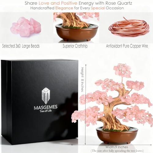 Rose Quartz Crystal Tree Bonsai, Handmade (360 Large Beads) Gemstone Tree of Life Gift for Women Chakra Energy for Home Decor, Office Decor,Healing Crystal Money Tree 8''