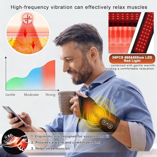 Red Light Therapy for Wrist, Carpal Tunnel Support Device with Heat Vibration, Wrist Massager with 36 LED 660nm/850nm, Cordless Heating Pad Wrap, 3000mAh Rechargeable for Hand Comfort Daily Relaxation