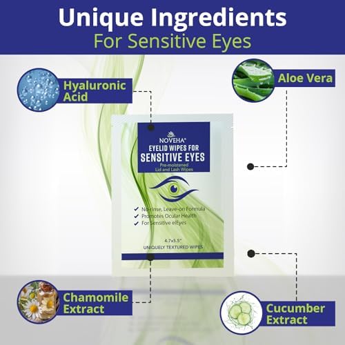NOVEHA Eyelid Wipes - For Delicate Lashes and Eyelids - With Hyaluronic Acid, Chamomile, and Aloe Vera - Individually Wrapped Pre-moistened Pads (60 Wipes)