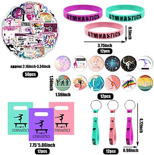 98 Gymnastics Party Favors, Gymnastics Keychain Goodie Bags with Rubber Bracelets, Button Pins, Bags and Stickers for Gymnastics Theme Birthday Party Supplies Baby Shower Holiday