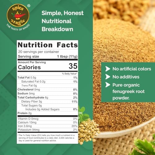 Spice Magic Organic Fenugreek Powder 8 oz (227g) | USDA Organic Methi Ground | Lab Tested for Quality | Finely Milled | Resealable Pouch | Polvo de Fenogreco