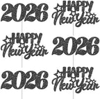 24pcs Black Glitter Number 2026 Happy New Year Theme Cupcake Toppers New Years Eve Party Decorations for Hello 2026 Winter Festival Holiday Party Supplies