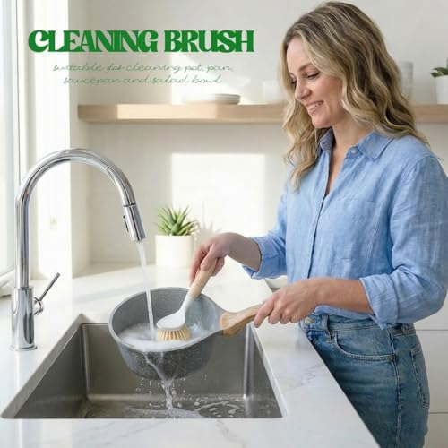 Dish Brush with Handle Wood Built-in Scraper, Scrub Brush for Pans, Pots, Saucepan, Kitchen Brushes for Sink and Stove, Yellow