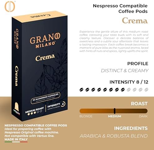New Grano Milano Crema Coffee Capsules - 50 Aluminum Coffee Pods Compatible with Nespresso Original line, Medium Roast - Intensity 8/12, Made in Italy