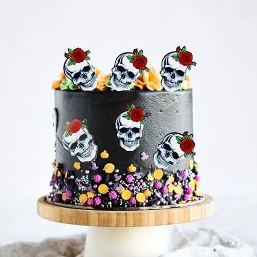 Ercadio 40Pcs Edible Wafer Paper Halloween Skull Cupcake Toppers Drink Topper Picks Horror Skull Cupcake Decors for Halloween Theme Baby Shower Party Cake Decoration Supplies