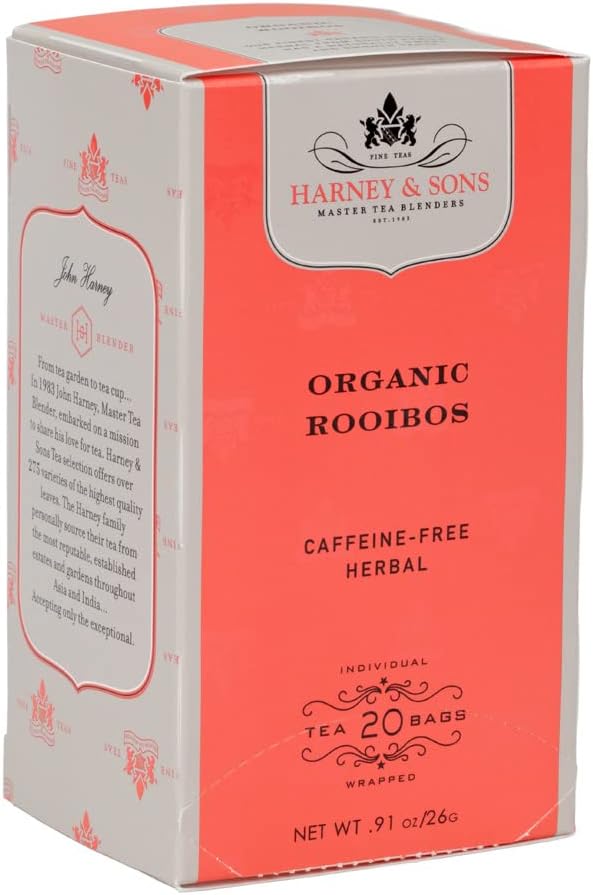 Harney & Sons Premium Tea, Organic Rooibos Herbal Tea, Individually Wrapped Tea Bags, 20/box