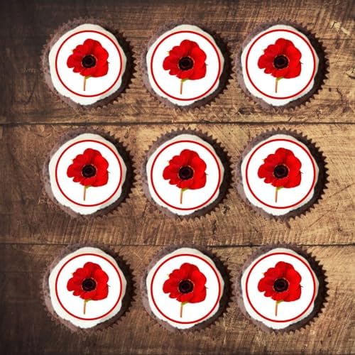Poppy Edible Cupcake Toppers, Edible Flowers Cake Decorations, Red Poppies Cake Decorating Supplies, Valentines Day Cupcake Toppers Birthday Cookie Decoration PRECUT 12 x 4cm / 1.5 inch