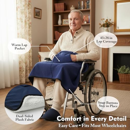 Wheelchair Lap Blanket for Seniors, 43" * 28" Soft Sherpa Lined Knee & Lap Cover, Warm Lightweight Throw with Snap Buttons, Cozy Comfort for Elderly & Caregivers, Navy Blue