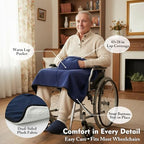 Wheelchair Lap Blanket for Seniors, 43" * 28" Soft Sherpa Lined Knee & Lap Cover, Warm Lightweight Throw with Snap Buttons, Cozy Comfort for Elderly & Caregivers, Navy Blue