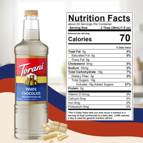 Torani White Chocolate Syrup 1 Liter Bottle with Pump – Premium Coffee Flavoring with Natural Ingredients for Lattes, Mochas, Desserts, Cocktails & Baking – Café-Style Sweetener for Home Baristas