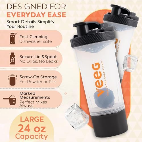 VEEG Shaker Bottle for Protein Mixes - 24 oz Leak-Proof Gym Shaker, with Mixing Ball & Strainer for smooth shakes or electrolytes, Storage Cup, Spill-Proof Lid, BPA-Free, Dishwasher Safe Shaker Bottle