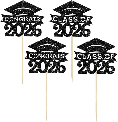 36Pcs Graduation Cap Cupcake Toppers Glitter Class of 2026 Congrats Grad Cap Cupcake Picks Graduation Theme Cake Decorations for 2026 Grad Party Supplies Black