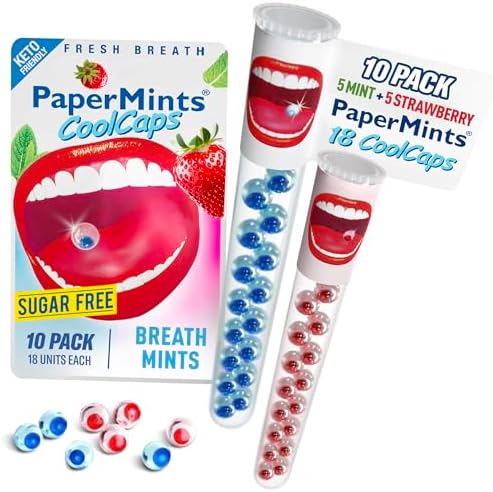 PaperMints CoolCaps Instant Fresh Breath Mints Sugar-Free Breath Freshener, Chronic bad breath treatment for adults, Dry Mouth product. Variety pack - 10 Tubes of 18 capsules