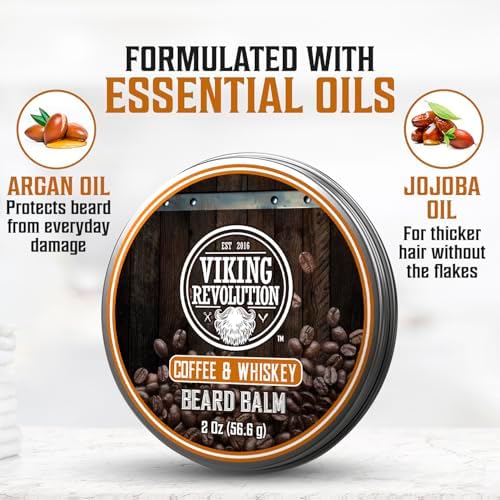Viking Revolution Coffee Whiskey Beard Balm for Men - Beard Butter for Men with Argan Oil and Jojoba Oil Softener and Moisturizer Styling Balm (1 Pack, 2oz)