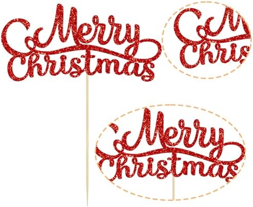Gyufise 1 Pack Merry Christmas Cake Topper Red Glitter Xmas Holiday Cake Decorations for Winter Christmas Santa Happy New Year Party Supply Decoration
