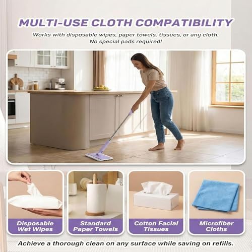 Snap Grip Mini Mop,Convenient Cloth Changing Mini Mop,Retractable Gap Dust Cleaner Flat Mops with Locking Head &Sweeping Cloths,（1mop + 5random Color Rags (Purple)