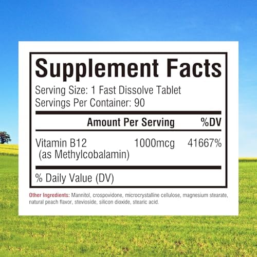 Innate Vitality Vitamin B12 1000mcg, Sublingual Methylcobalamin, for Energy Metabolism, Mental Clarity, Nervous System Health, Peach Flavor, Zero Sugar, 90 Fast Dissolve Tablets