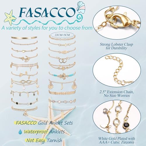 FASACCO 20Pcs Ankle Bracelets for Women Adjustable Beach Anklet Set Surfer Anklet Heart Star Turtle Infinite Anklets Foot Jewelry