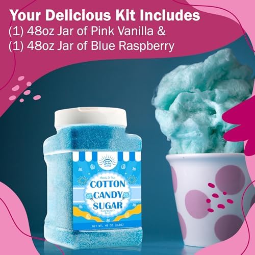 Cotton Candy Floss Sugar Package of 2ct-(Pink Vanilla and Blue Raspberry)-3lb Each Flavor- (2ct-3lb Jars)