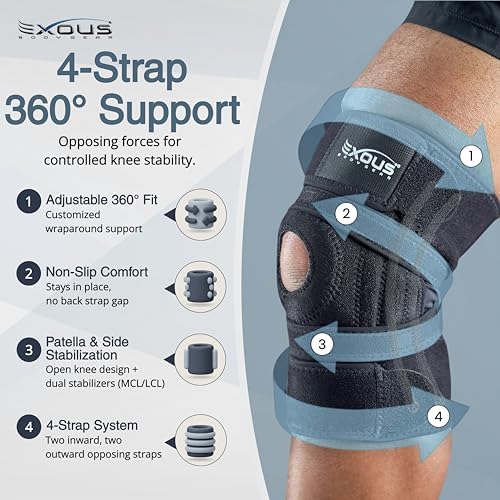 Knee Brace Meniscus Tear Support For Arthritis Acl, Mcl Pain Patented 4-way Adjustable Wraparound Strap Dual Side Stabilizer For Patella Stability Size [medium]