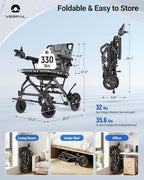 32lbs Lightweight Electric Wheelchair, Foldable Electric Wheelchair for Adults, Seniors, 360W Dual Motor Power Wheelchair 12.5 Miles for Travel, Park Hospital, 330 lbs Capacity-6Ah 16.5" Seat