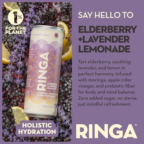 RINGA Elderberry Lavender Lemonade Sparkling Drink - Organic Moringa + Apple Cider Vinegar with 3g Prebiotic Fiber - No Added Sugar, No Natural Flavors - Gut Health & Immunity Support - 12oz Cans