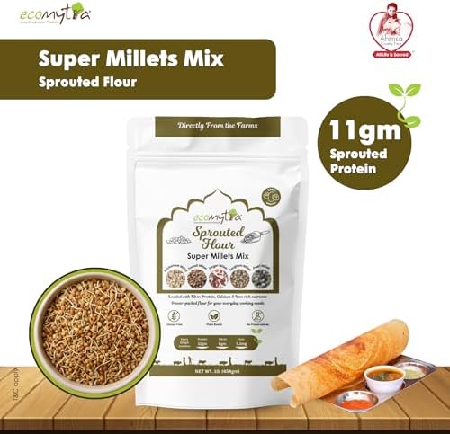 Ecomytra Sprouted Super Millets Mix Flour – 100% Sprouted Ancient Millet Grains – Gluten Free, High Fiber, Plant Based & Non-GMO – No Preservatives – Perfect for Rotis, Dosa, Porridge & Baking – 1lb (454g)