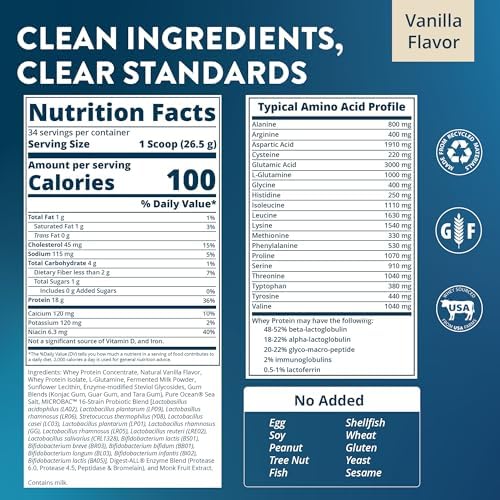MRM Nutrition Whey Protein - Vanilla Flavored, Microfiltered Whey Protein Isolate & Concentrate, 16 Different Probiotic Strains, BCAAs, & Digestive Enzymes, Gluten Free, for Women & Men - 34 Servings