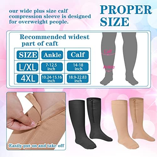 Hillban 2 Pair 15 - 25 Mmhg Wide Plus Size Calf Zipper Compression Socks for Women Men