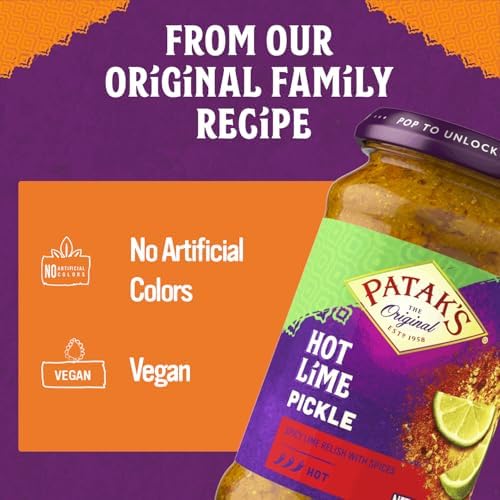 Patak’s Hot Lime Pickle - Authentic Indian Relish w/Lime Dices, Mustard Seeds & Aromatic Spices - Perfect for Sandwiches, Curries, Salads & Cold Meats - Vegan Spicy Pickle - 10oz Jar (Pack of 3)