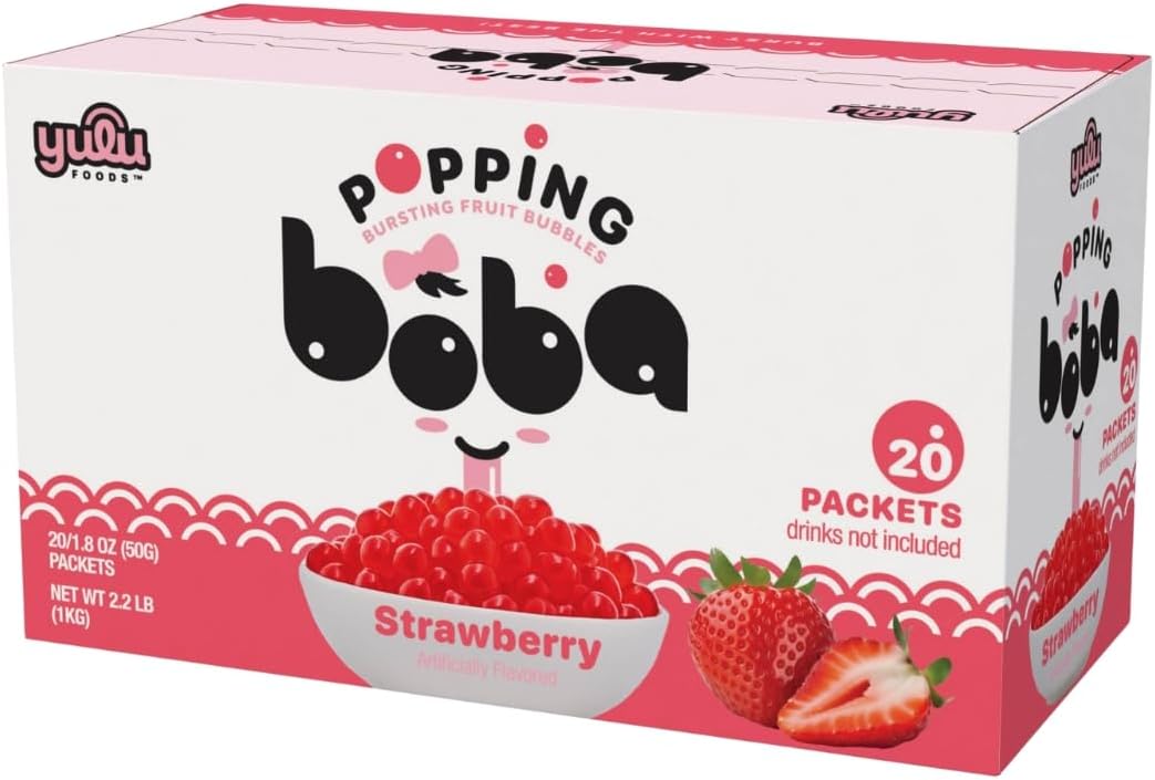 YULU FOODS Strawberry Popping Boba Pearls – Bursting Fruit Bubble Balls – 20 Pack Single-Serve Snacks – Ready to Eat, Less Mess Than Tub Boba, Kids Love It